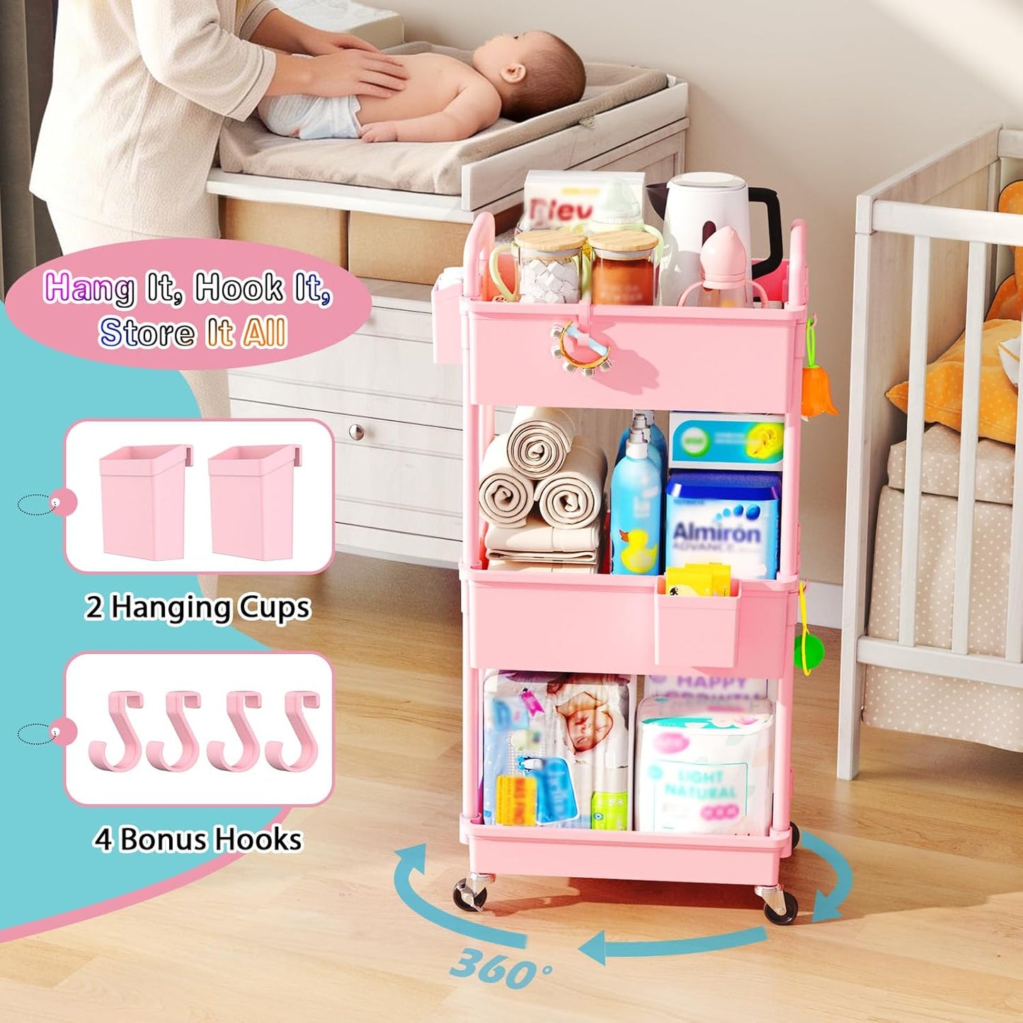 SUNALLY Baby Diaper Caddy Cart, 3 Tier Rolling Diaper Cart with Lockable Wheels for Nursery Essentials, Large Capacity & Easy Assemble Diaper Storage Organizer for Newborn,New Mom, White