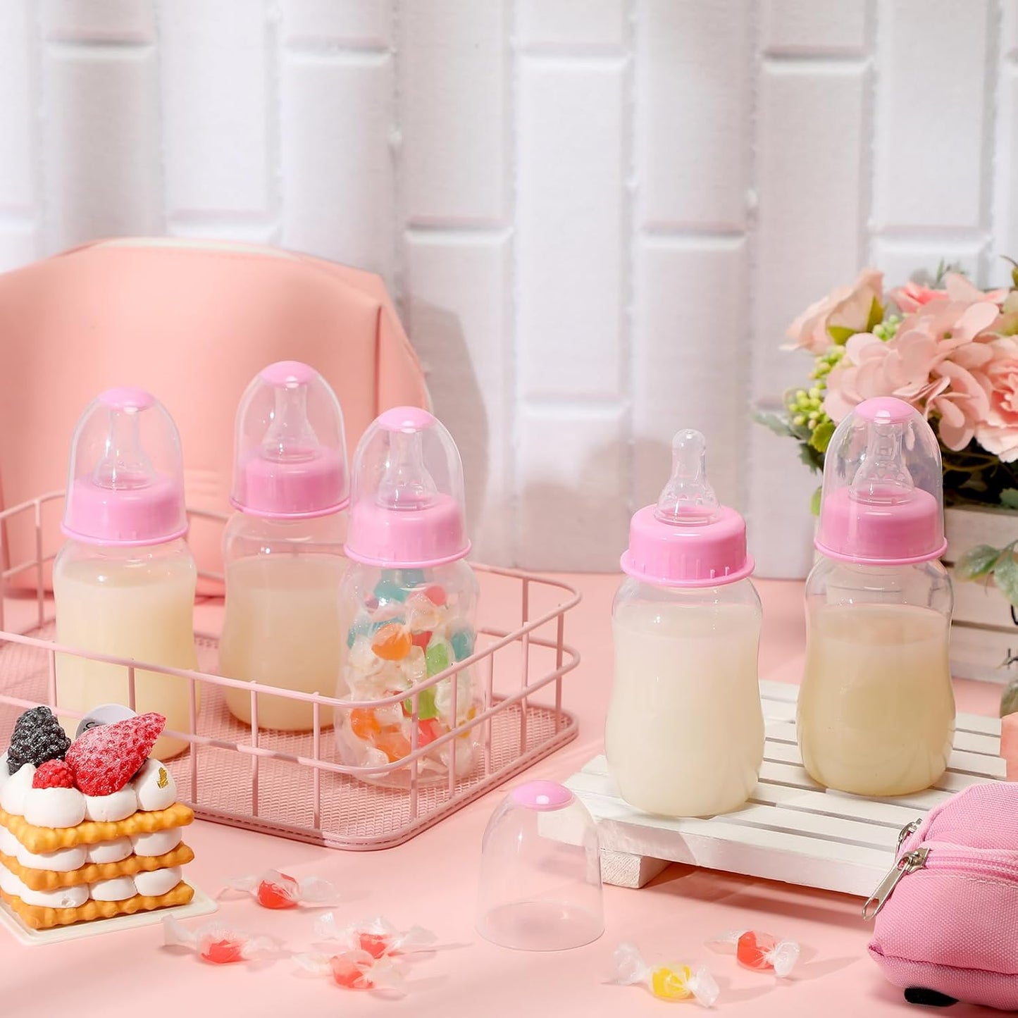 SiliFine 30 Pcs Baby Shower Favors Party Bottle Chug Game Mini Bottles Gift Sets for Gender Reveal Birthday Party Supplies Gift (Pink)