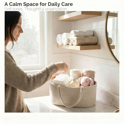 luxury little Diaper Caddy Organizer, Large Cotton Rope Nursery Baby Basket, Changing Table Organizer for Baby Diaper Storage, Portable Car Organizer Removable Divider (Off White, Large)