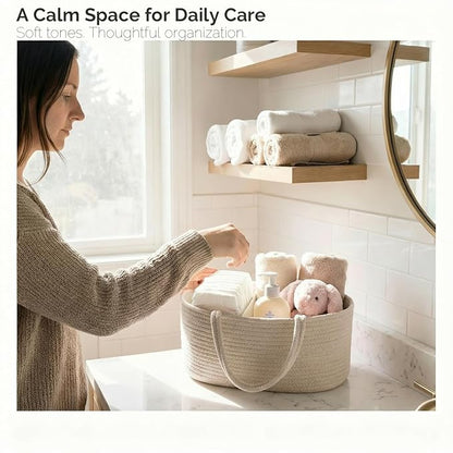luxury little Diaper Caddy Organizer, Large Cotton Rope Nursery Baby Basket, Changing Table Organizer for Baby Diaper Storage, Portable Car Organizer Removable Divider (Oatmeal, Extra Large)