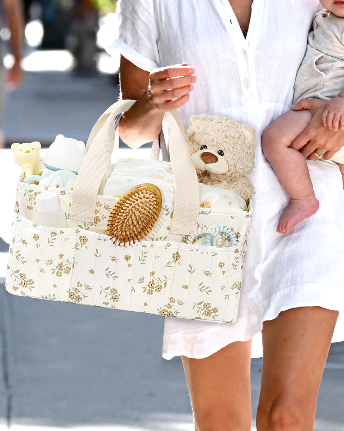 BuyCard Floral Baby Diaper Caddy Organizer, Large Quilted Nursery Storage Basket with Handle, Gift for Baby Shower, Newborn Parents Gift