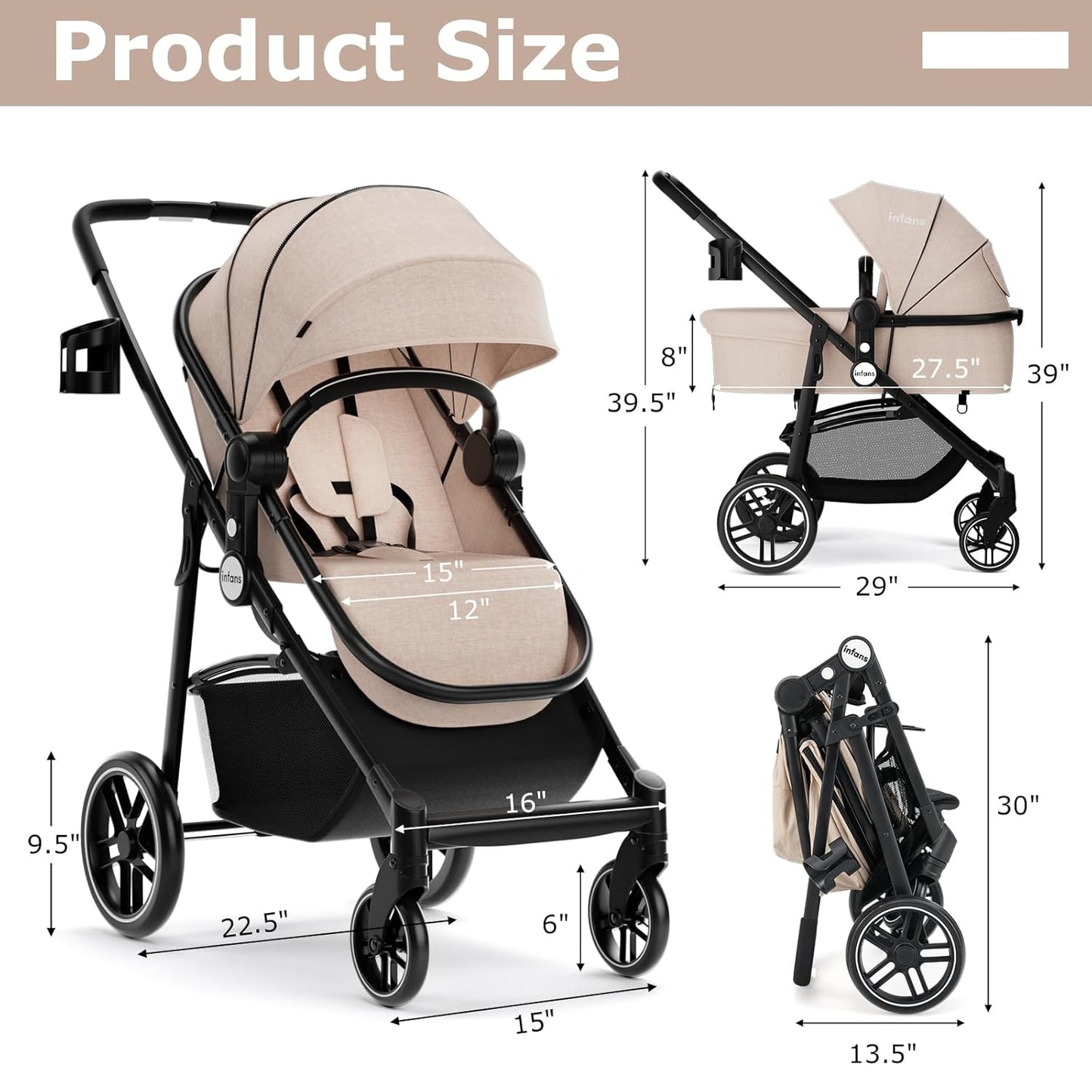 INFANS 2 in 1 Baby Stroller, High Landscape Infant Stroller & Reversible Bassinet Pram, Foldable Pushchair with Adjustable Canopy, Storage Basket, Cup Holder, Suspension Wheels (Black)