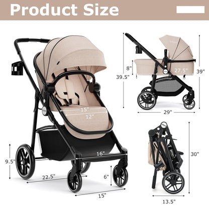 INFANS 2 in 1 Baby Stroller, High Landscape Infant Stroller & Reversible Bassinet Pram, Foldable Pushchair with Adjustable Canopy, Storage Basket, Cup Holder, Suspension Wheels (Black)