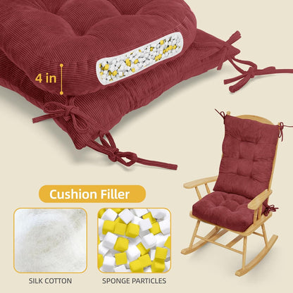 Millsilo Rocking Chair Cushions 3-Piece Set with Neck Pillow, Indoor Rocker Comfortable Tufted Non-Slip Pads with Ties, High-Density Foam Cushion for Adirondack Glider Chair, Orange, 52 x 19 x 4 Inch