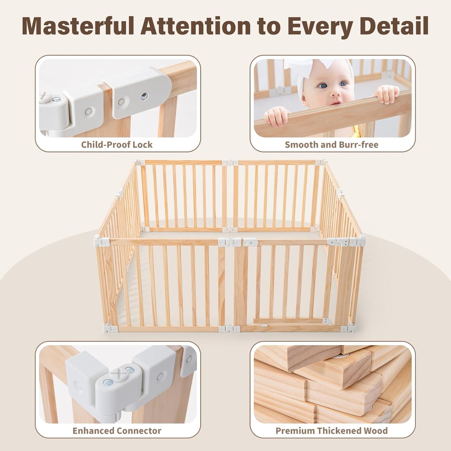 Foldable Wooden Playpen-51x51x25in-Large Baby Gate Playpen with Child-Proof Lock-Easy Assembly, Portable Design for Babies & Toddlers- Shape& Size Adjustable Baby Fence Play Area (Wood, 6 Panel)