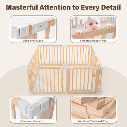 Foldable Wooden Playpen-51x51x25in-Large Baby Gate Playpen with Child-Proof Lock-Easy Assembly, Portable Design for Babies & Toddlers- Shape& Size Adjustable Baby Fence Play Area (Wood, 6 Panel)