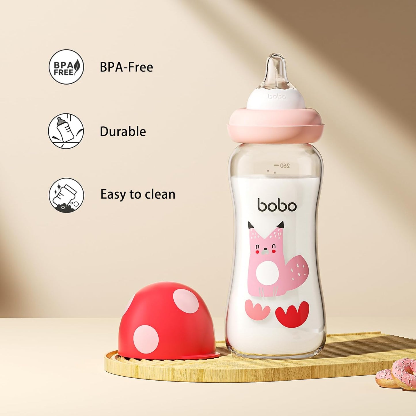 YOHKOH Natural Glass Baby Bottle with Level 1 Slow Flow Nipple, Newborn Anti-Colic Baby Bottles, Wide Neck Mushroom Baby Glass Bottle (Multicolour-A, 3.4oz (Pack of 4))