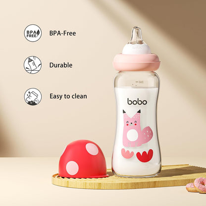 YOHKOH Natural Glass Baby Bottle with Level 1 Slow Flow Nipple, Newborn Anti-Colic Baby Bottles, Wide Neck Mushroom Baby Glass Bottle (Multicolour-A, 3.4oz (Pack of 4))