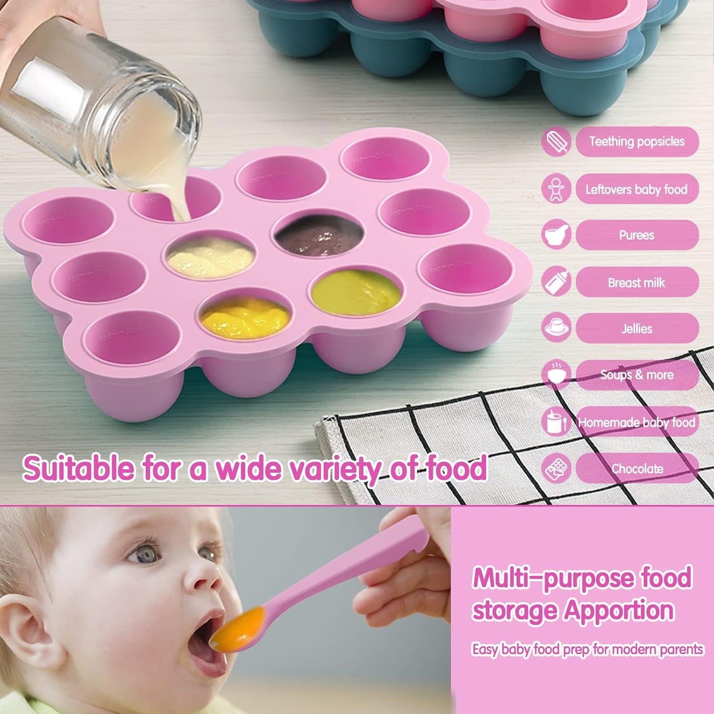 12x1.5oz Baby Food Storage Containers, Baby Food Freezer Tray with Clip Lid Gossamer Pink, Food Grade Silicone Freezer Trays for Purees & Vegetables