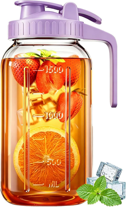 64oz Glass Breast Milk Pitcher with Lid & Pour Spout, 2 Quart Airtight Leakproof BreastMilk Fridge Storage Container - Wide Mouth, Dishwasher Safe Formula Pitcher with Handle