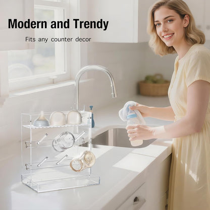 Baby Bottle Drying Rack Space Saving Acrylic Vertical Bottle Dryer Rack with Drip Tray - Clear Kitchen Countertop Storage Organizer–Fast Drying and Easy Cleanup - 10.3 x 6.3 x 10.6 in