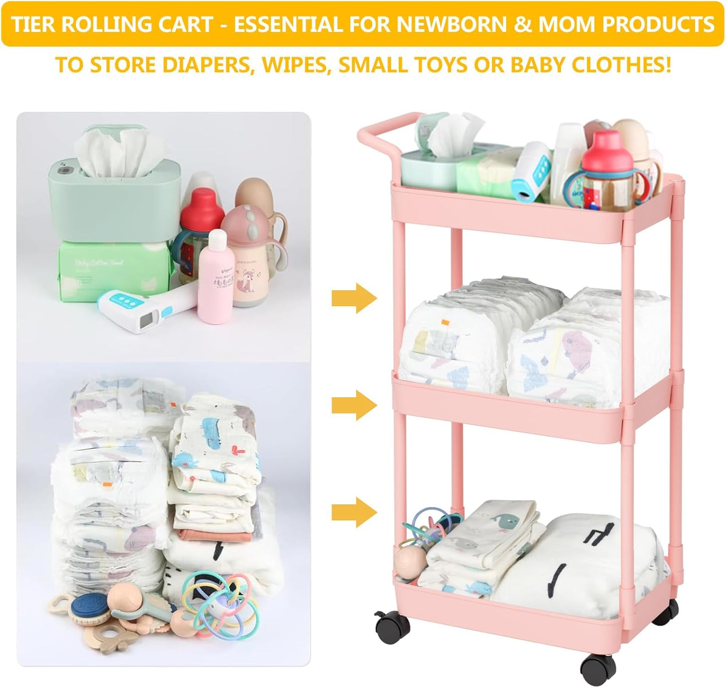 Volnamal Baby Diaper Caddy, Plastic Movable Cart for Newborn Nursery Essentials Diaper Storage Caddy Organizer for Changing Table & Crib, Easy to Assemble, Beige