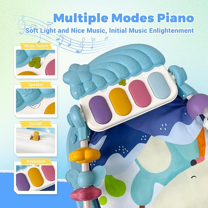 Cuterabit Baby Tummy Time Play Mat, Kick and Play Piano with Music and Light, Activity Gym Center for Newborn Babies Infants Boys Girls 0-3-6-9-12 Months (Blue)