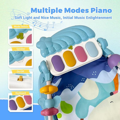 Cuterabit Baby Tummy Time Play Mat, Kick and Play Piano with Music and Light, Activity Gym Center for Newborn Babies Infants Boys Girls 0-3-6-9-12 Months (Blue)