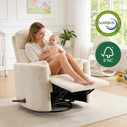 Oversized Swivel Rocker Recliner Chair with Heat and Massage, Rocking Chair with Adjustable Headrest, Manual Recliner, Glider Recliner with 2 Pillows, Chenille White