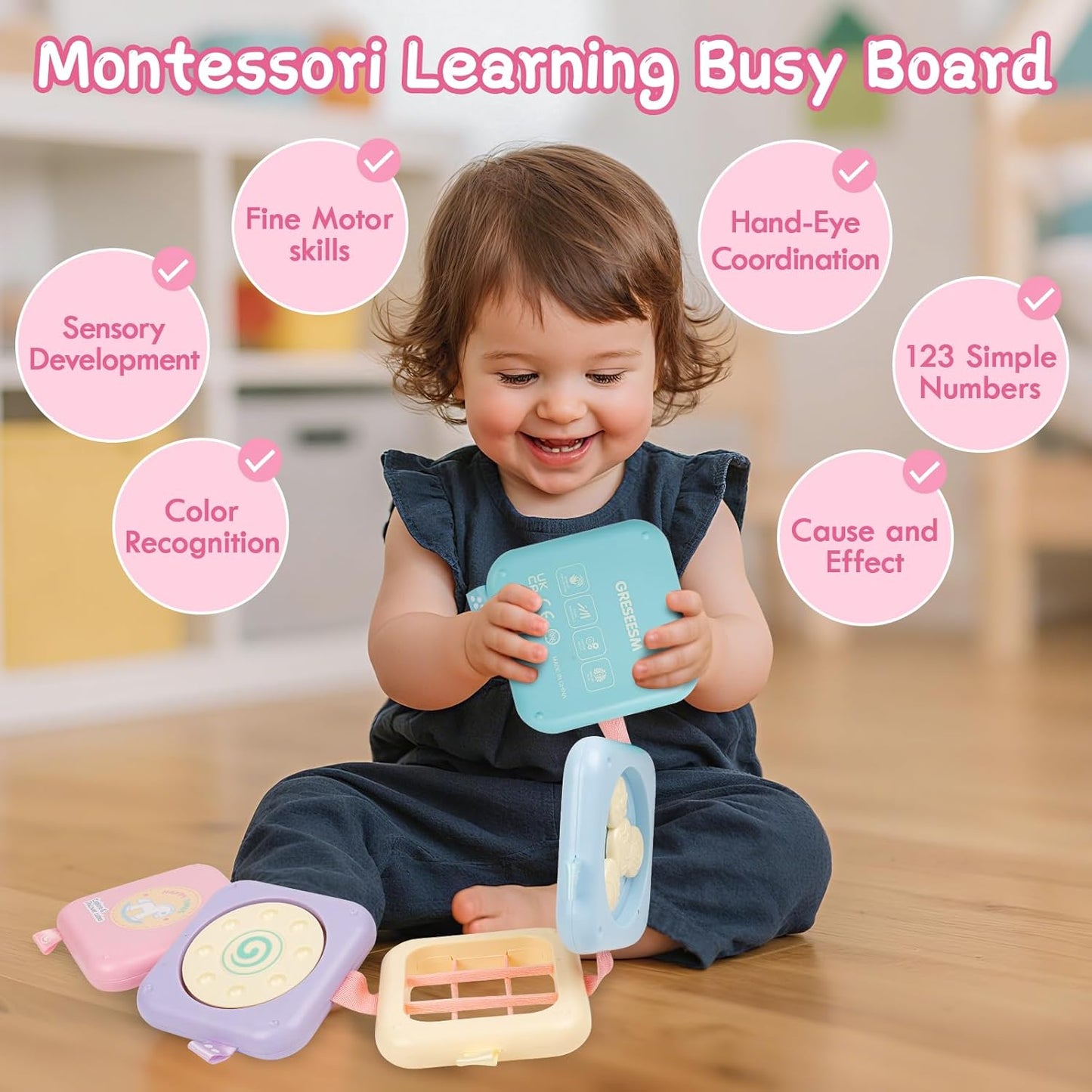 GRESEESM Montessori Busy Board for 1 Year Old, Toddlers Travel Toys for Ages 1–3, Sensory Activity Board for Airplane and Car, Baby Gifts for Boys Girls, Easter Basket & Stocking Stuffers