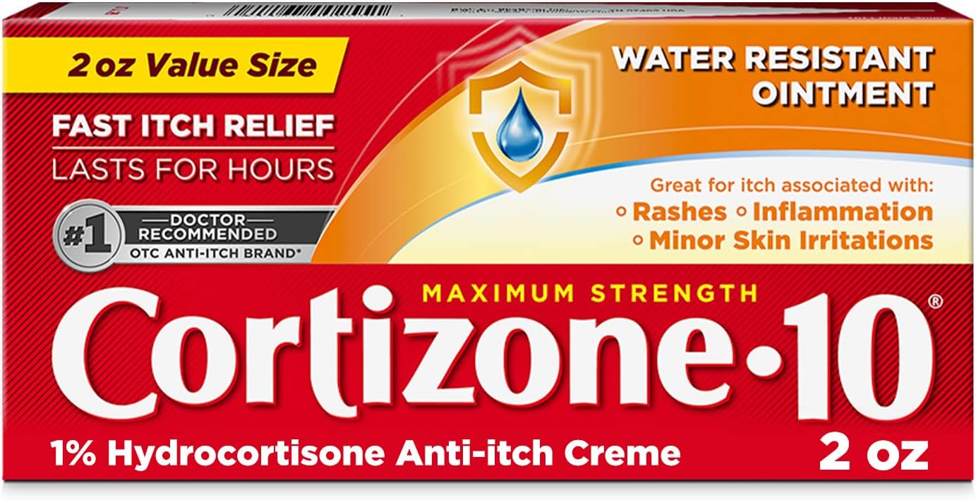 Cortizone-10 Maximum Strength Water Resistant Itch Relief Ointment, 1% Hydrocortisone, Fast-Acting, Anti-Itch Cream for Bug Bites, Rash, Eczema, Psoriasis, Poison Ivy, Oak, Sumac & More, 2 oz