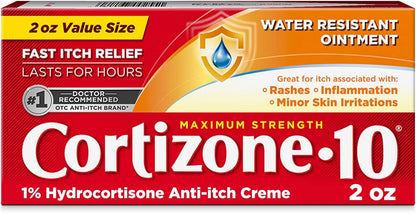 Cortizone-10 Maximum Strength Water Resistant Itch Relief Ointment, 1% Hydrocortisone, Fast-Acting, Anti-Itch Cream for Bug Bites, Rash, Eczema, Psoriasis, Poison Ivy, Oak, Sumac & More, 2 oz
