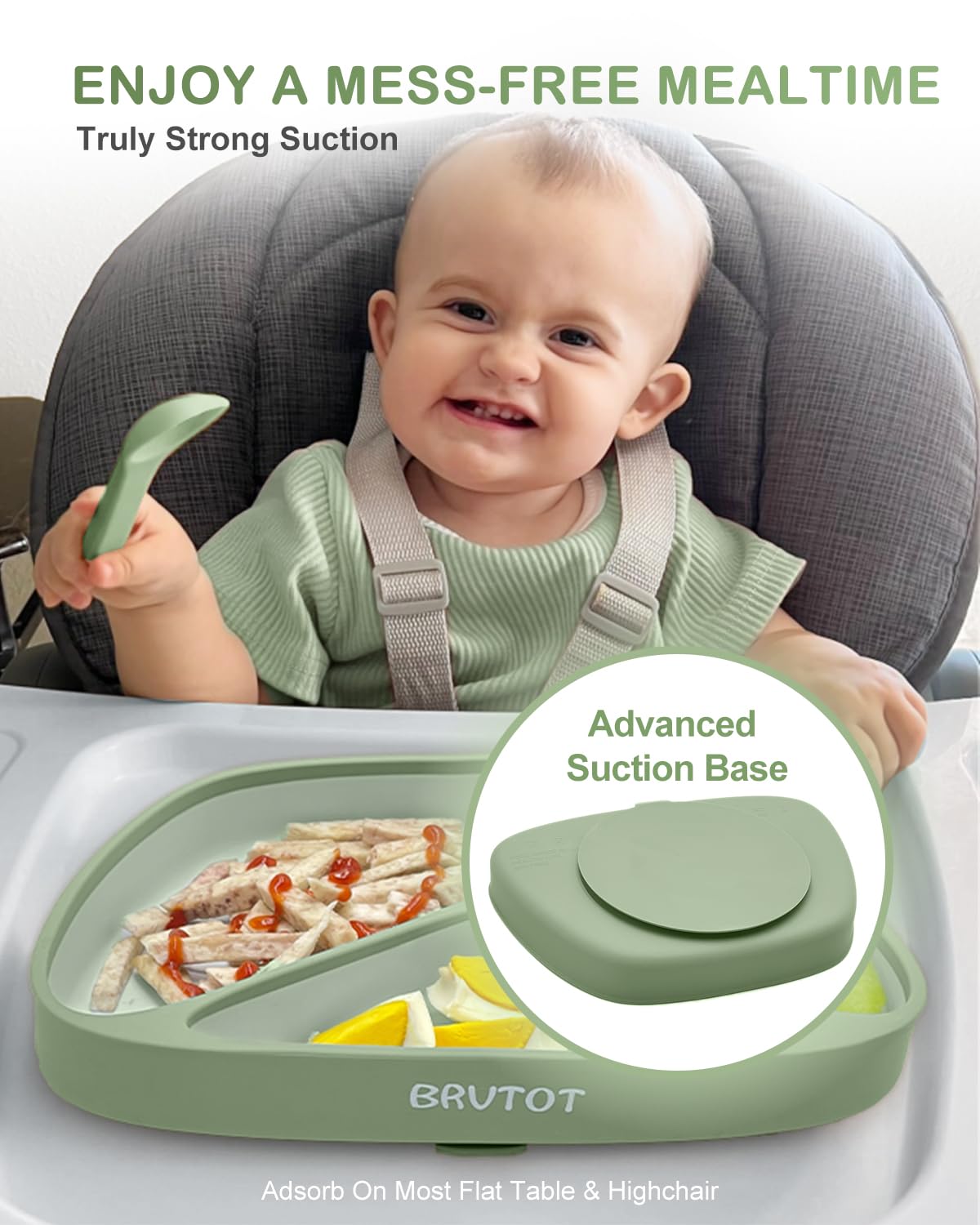 Toddler Suction Plates for Baby, Food Grade Platinum Silicone Baby Plates BPA Free, Divided Suction Toddler Plate Dishes and Spoon Set for Self Feeding, Deeper Design, Dishwasher Safe