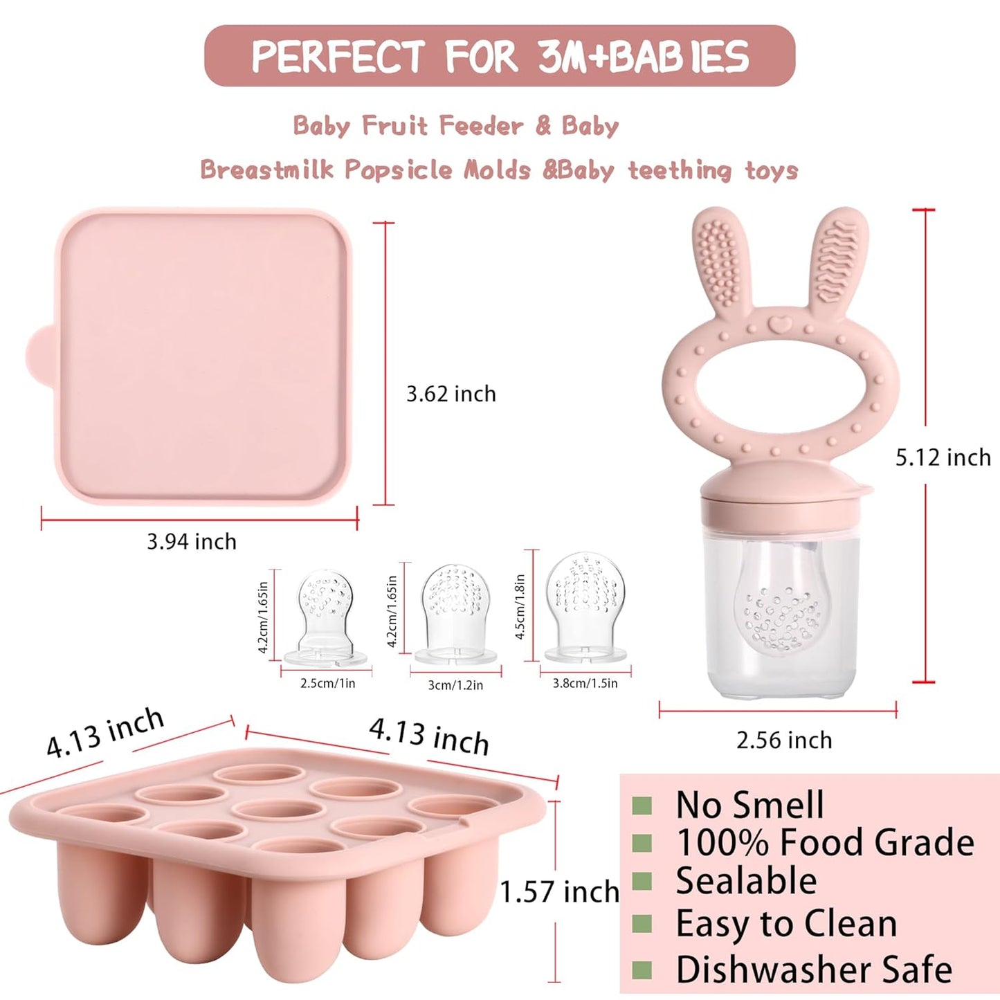 WAJIAYON Baby Breastmilk Popsicle Molds & Baby Fruit Feeder (4 Pack), Infant Food Freezer Tray Storage Containers, Silicone Teething Pacifier Feeder and Teether for Babies（Pink&Purple）