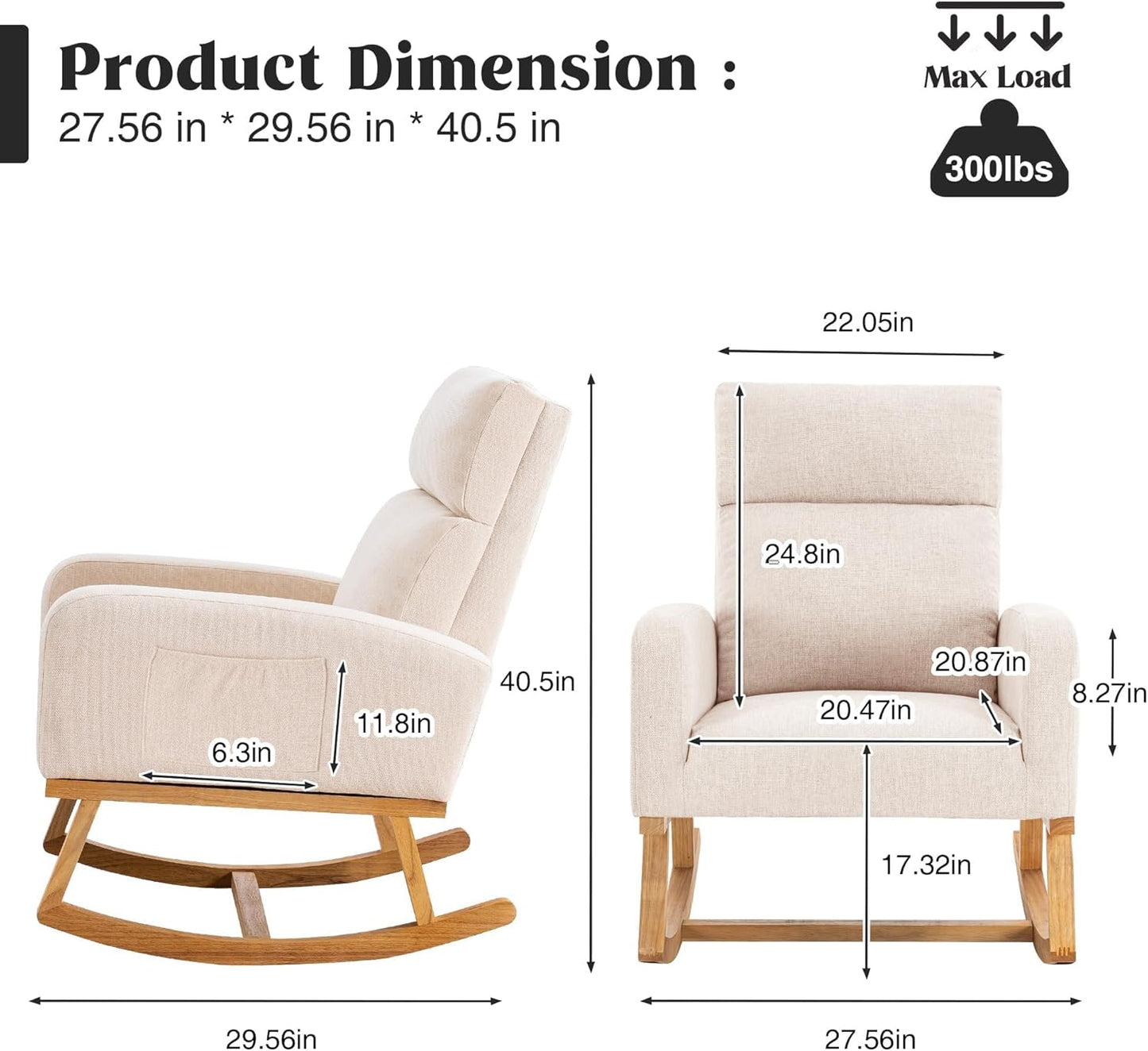 HCHAIRH Rocking Chair Nursery, Upholstered Fabricr Nursing Rocking Chairs with Soft High Back, Modern Nursery Glider Rocker for Mom Living Room, Bedroom, Camel