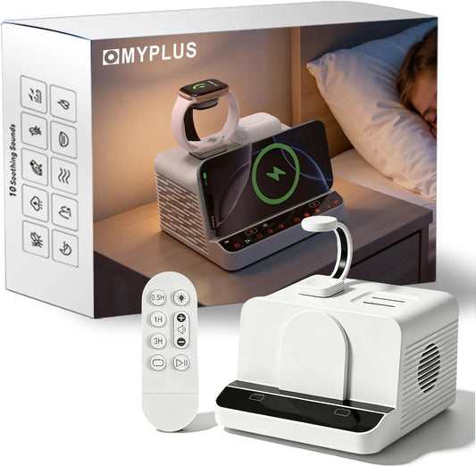 MYPLUS White Noise Machine, 10 Soothing Sounds Sleep Sound Machine with 15W Wireless Charging Station, 7-Color RGB Night Light, Remote for Sleeping, Nursery
