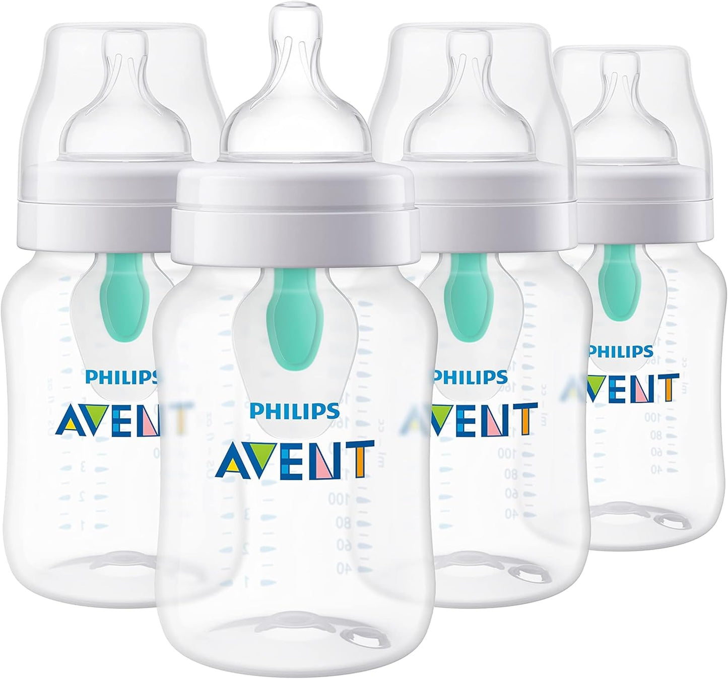Philips Avent Anti-Colic Bottle with AirFree Vent, 4oz, with Flow 1 Nipples, 0m+, 4pk, Clear, SCY701/04