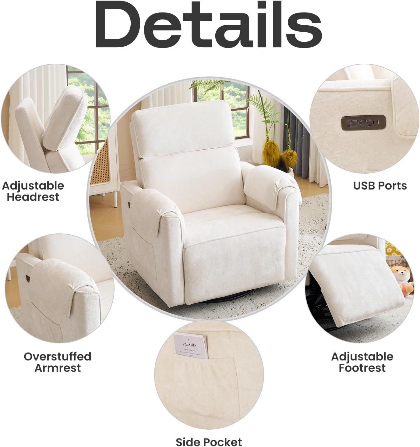 Oversized Power Recliner Chair Swivel Glider with Adjustable Headrest, 26" Extra Wide Glider Nursery Chair with Overstuffed Armrest, USB Ports, Chenille Fabric, Cream
