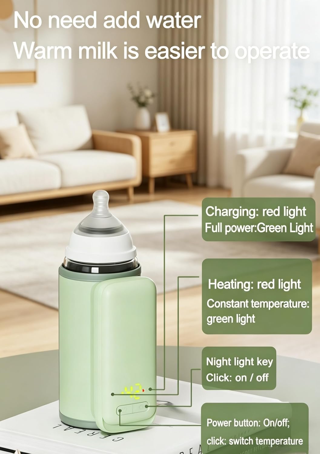 Bottle Warmer on the go for Travel.Portable Baby Bottle Warmer with 6-Level Temperature Display and Night Light Illumination.