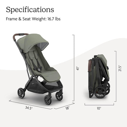 UPPAbaby Minu V3 Travel Stroller | Lightweight + Compact Design | One-Hand Fold + Unfold | from Birth + Overhead Compatible | Evelyn (Meadow Green/Carbon Frame/Chestnut Leather)