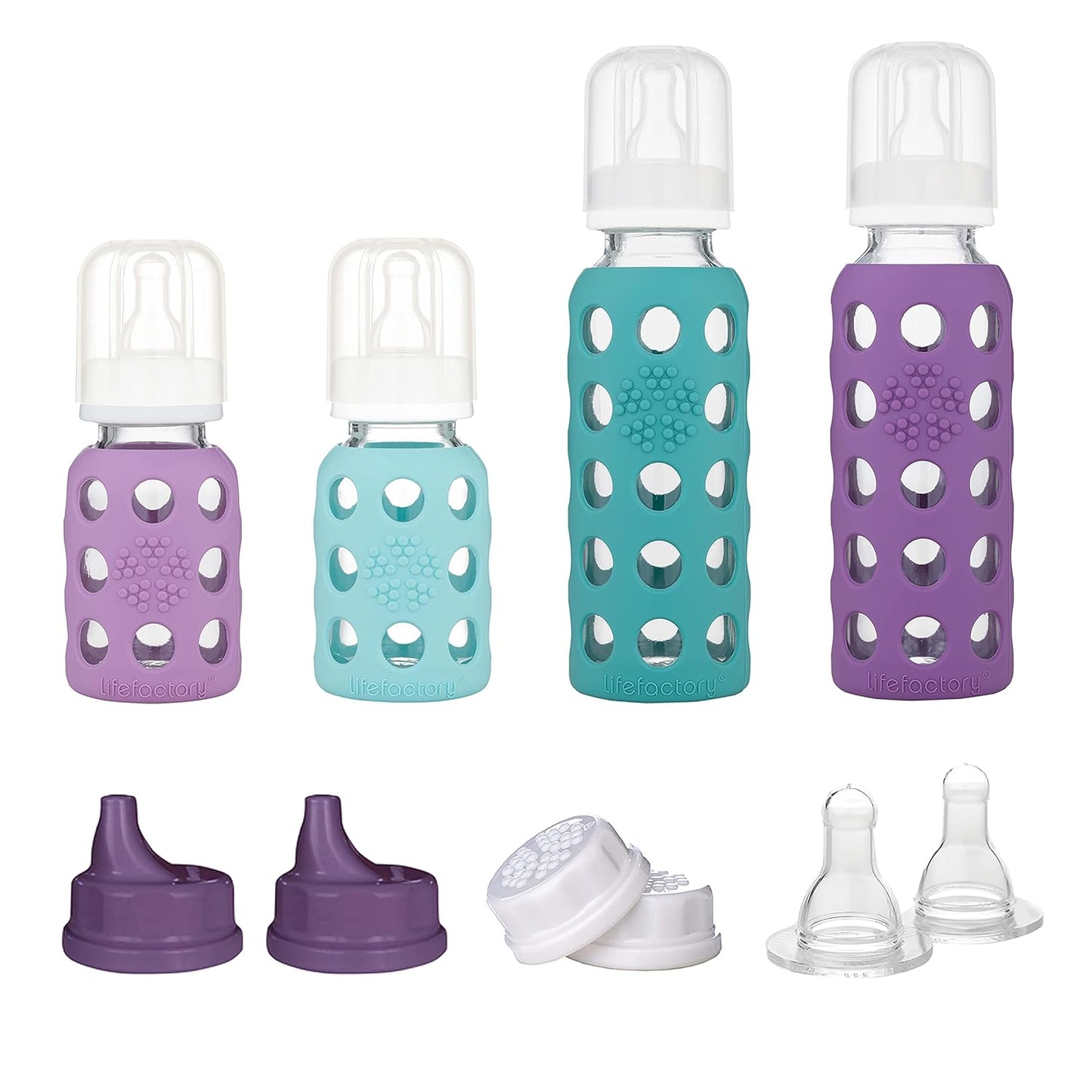 Lifefactory Baby Bottle Starter Set 10-Piece | 4 oz Mint & Blanket, 9 oz Kale & Blueberry | Includes Flat Caps, Sippy Caps, Stage 2 Nipples