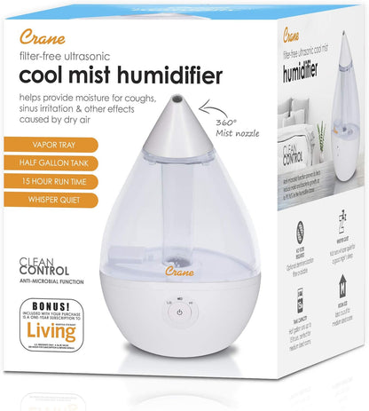 Crane Droplet Ultrasonic Small Air Humidifiers for Bedroom and Office, 0.5 Gallon Cool Mist Humidifier for Plants and Home, Humidifier Filters Optional, White