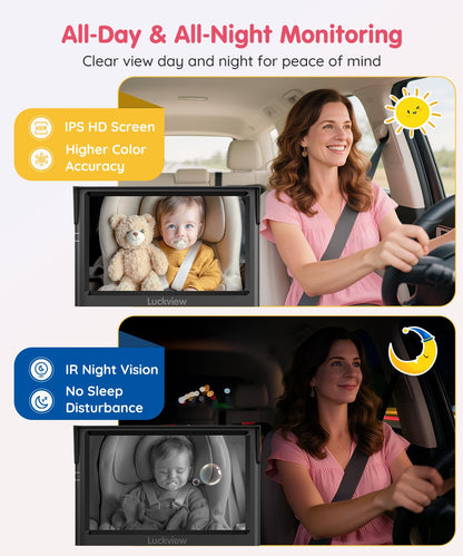 LUCKVIEW BM1 Baby Car Camera for Back Seat & Pet Monitoring, 5'' 1080P Monitor with IR Night Vision, 3X Zoom, Crystal Clear View, Easy 5-Min Wired Installation for Peace of Mind