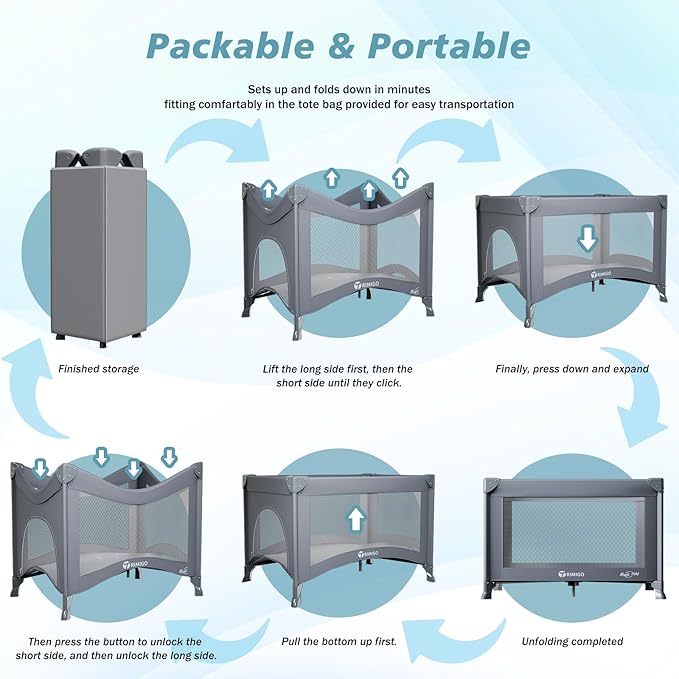 Portable Travel Crib & Playpen - Baby Safe Folding Travel Bed w/Mattress, Breathable Mesh | Compact Lightweight Baby Bed | Pack and Play for Babies & Toddlers (Grey)