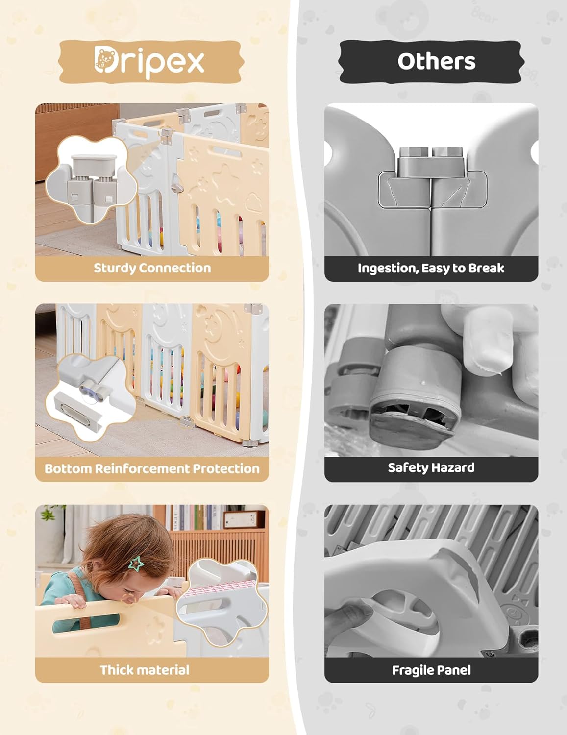 Baby Playpen, Dripex Baby Playard for Babies and Toddlers, 14-Panel Foldable Playpen Adjustable Portable Play Area, Indoor/Outdoor Kids Active Center with Game Panel & Safety Gate, Grey White