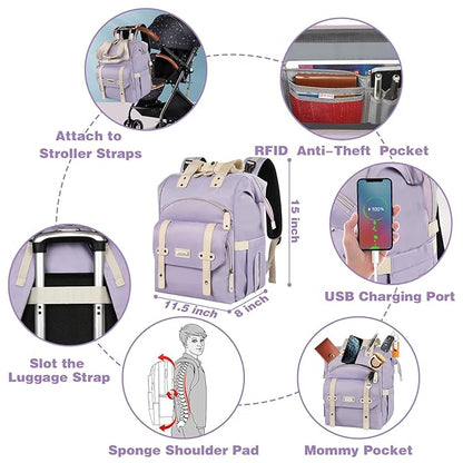 Jiefeike Diaper Bag Backpack,Purple Travel Backpack for Dad Mom Boys Girls,Insulated Pockets Portable Baby Nappy Bags RFID Anti-Theft Water-Resistant Pocket Stroller Straps