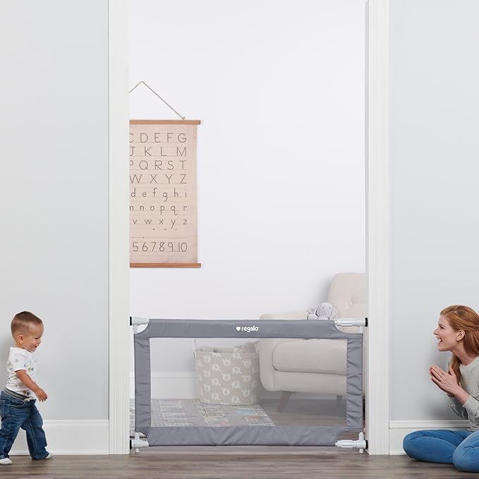 Regalo Safety 27.5-50” Extra Wide Mesh Baby Gate for Doorways & Hallways, Expandable Pressure Mounted Baby Gate for Toddlers & Pets, Includes Rubber Bumpers, Gray
