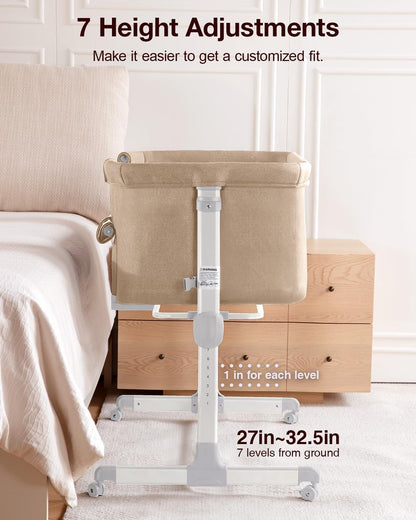 Larex Baby Bassinet, 3 in 1 Bassinets Bedside Sleeper Crib Sleeper for Newborn, Portable Crib Adjustable 7 Height Bedside Bassinet with Mattress and Movable Wheels，Breathable Mattress&Mesh(Dark Grey)