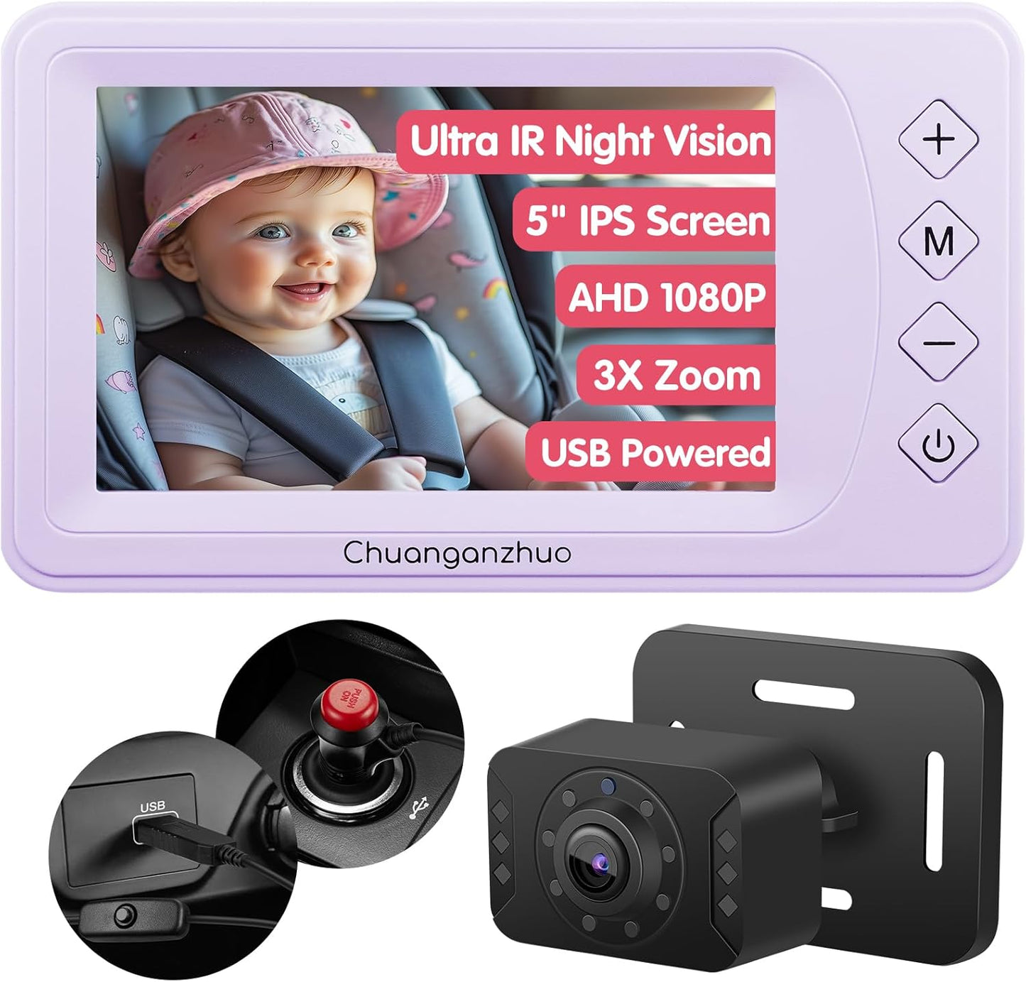 Baby Car Camera USB with No.1 Clarity, 5'' HD 1080P IPS Baby Car Monitor with 3X Zoom, Backseat/Carseat/Rear Seat Camera with Ultra Night Vision, Easy No-Damage Install, S100P(5inch Black)