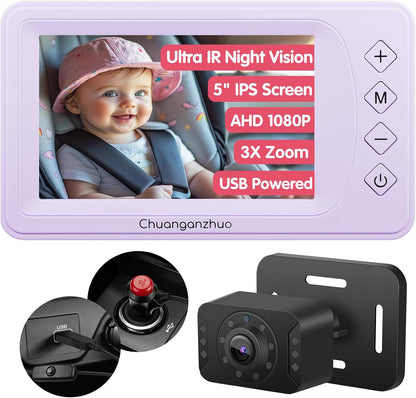 Baby Car Camera USB with No.1 Clarity, 5'' HD 1080P IPS Baby Car Monitor with 3X Zoom, Backseat/Carseat/Rear Seat Camera with Ultra Night Vision, Easy No-Damage Install, S100P(5inch Black)