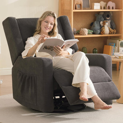Tbfit Nursery Rocking Chair,360°Swivel Recliner Chair with Lumbar Support for Bedroom, Comfy Upholstered Armchair with Pillows & Footrest for Living Room & Baby Room