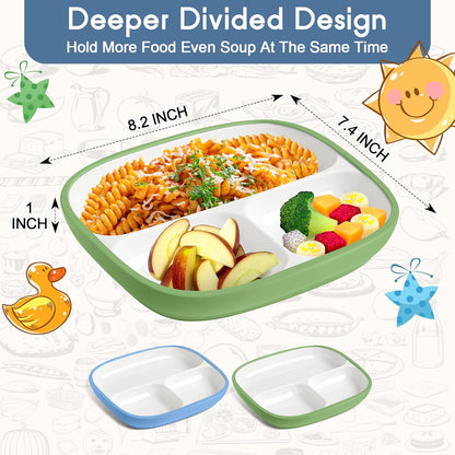 Domensi Kids Porcelain Plates with Silicone Sleeves 8.2 Inch Divided Porcelain Plate Toddler White Suction Dishes for Baby Troubleless Eating Microwave Dishwasher Safe(Stylish,3 Set)