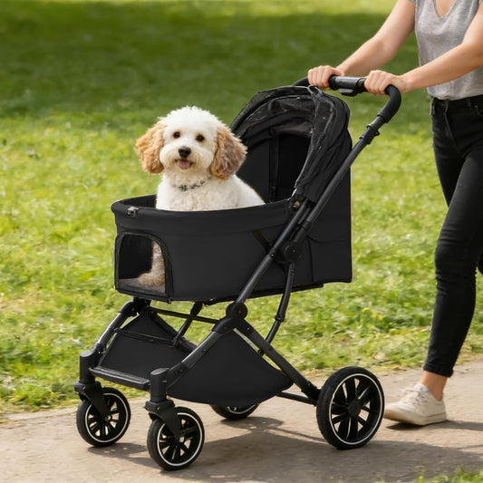 Small Dog Stroller, Pet Stroller for Small Dogs up to 55lbs- Fold All in One Without Detaching Carrier, Cat Stroller with Reversible Handle,Cup Holder (Khaki)