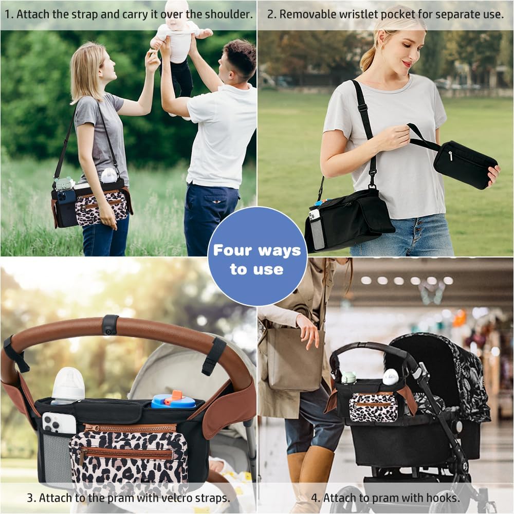 Baby Stroller Organizer, Universal Stroller Organizer with Detachable Phone Bag, Stroller Caddy with 2 Insulated Cup Holders, Buggy Organizer Bag with 2 Hooks Fits Most Strollers (Balck)