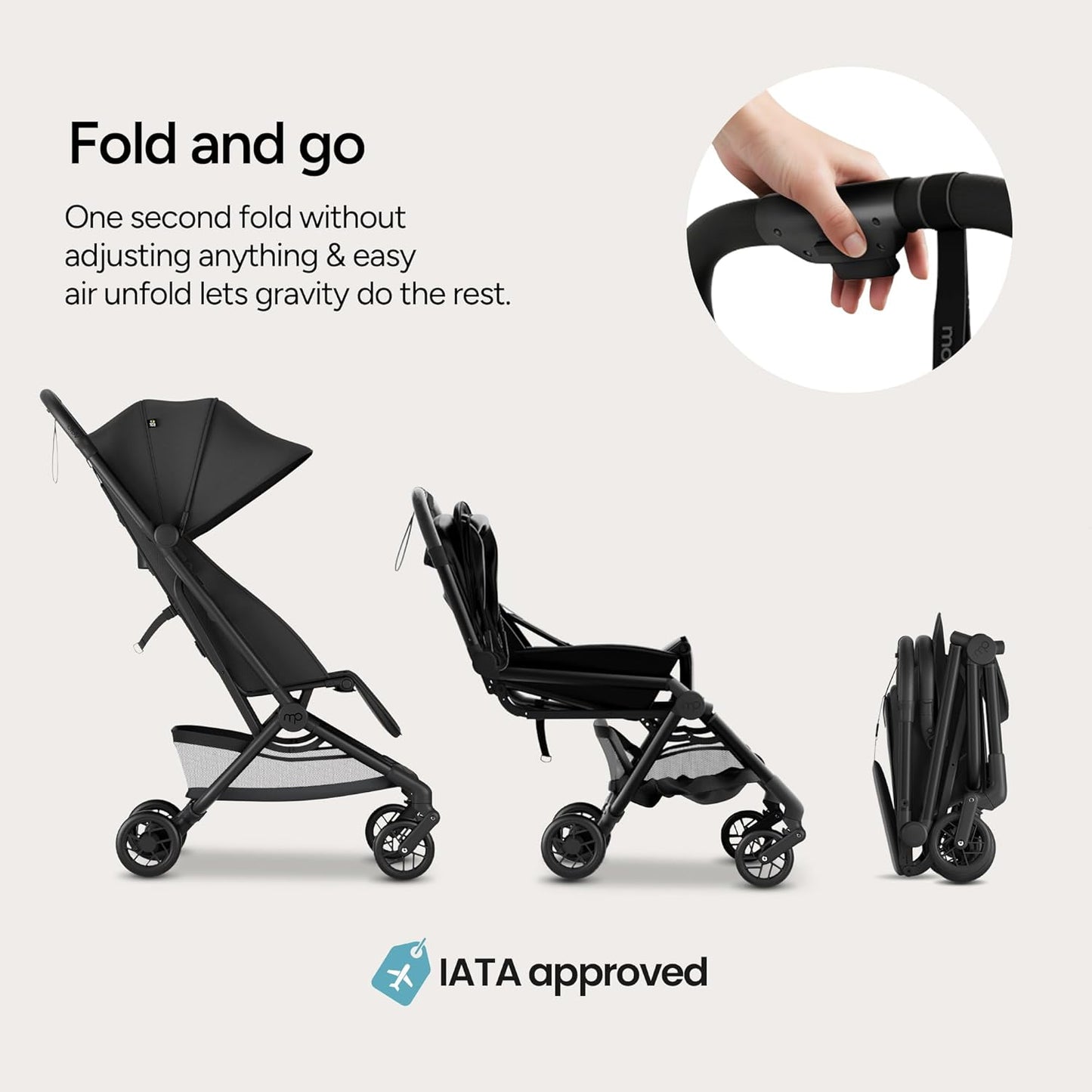 Mompush Velo Lightweight Travel Stroller, Compact & Airplane-Friendly for Baby and Toddler, Lie-Flat Seat, One-Hand Fold, with Leather Bumper Bar, Shoulder Strap, Raincover, Storage Bag & Cup Holder