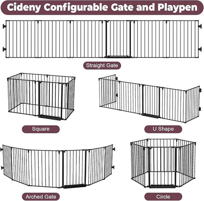 144" Extra Wide Baby Gate with Door, Configurable 6 Panels Baby Fence, Fireplace Gate with Anti-Trip Pedal, Family Essentials Safety Gate for Child Dogs Pets, 28'' Tall Black