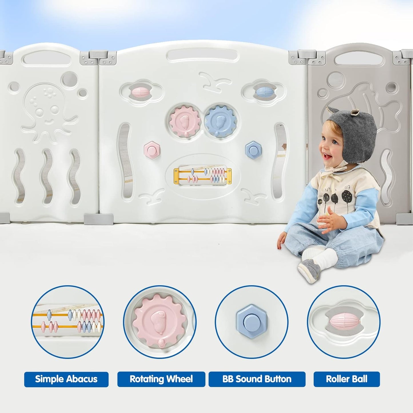 Albott Baby Fence Kid Playpen 18 Panel Albott Play Yard - Foldable Kids Safety Activity Center Playard Safety Lock Gate,Adjustable Shape, Portable Design for Indoor and Outdoor (18 Panel, Grey+White)