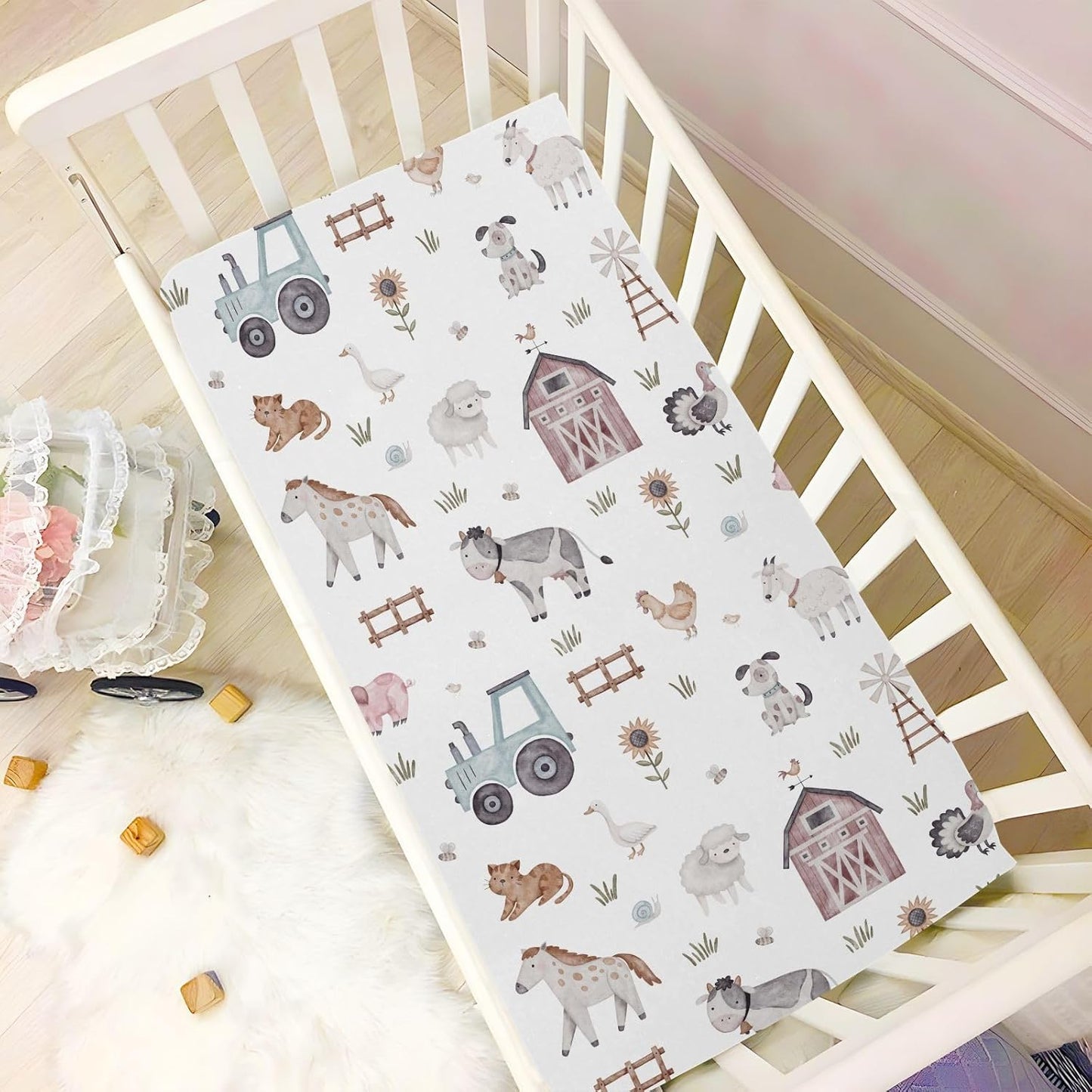 Fitted Crib Sheets Pink Checkered and Bows Stretchy Portable Playard Sheets for Baby Toddler, Breathable Soft Mini Crib Mattress 39 x 27 in for Boys and Girls