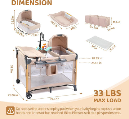 JOYMOR 7 in 1 Bedside Bassinet with Changing Table, All in One Nursery Center, Bedside Sleeper with Mattress, Sheet, Canopy, Storage Shelf,Gray