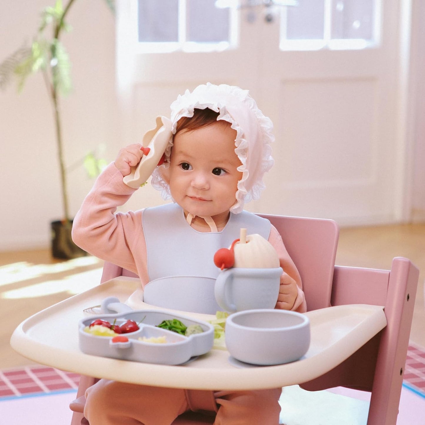 Silicone Baby Feeding Set, Gelato Collection Baby Led Weaning Supplies, First Self-Feeding Ice Cream Set, Silicone Suction Bowl with Cherry Lid & Plate, Straw Cup & Bib, Fork & Spoon - Pink